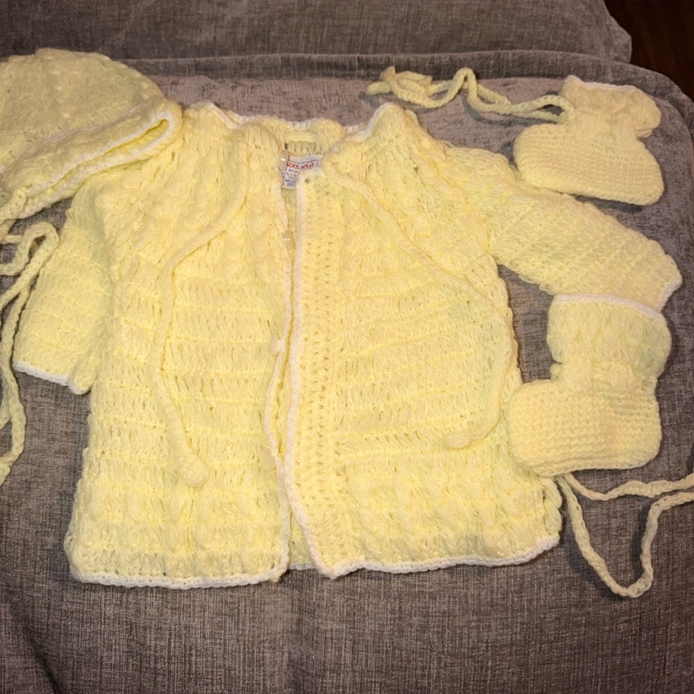 Vintage 1960s by Craddleknit Yellow Knitted Baby Cardigan Set
